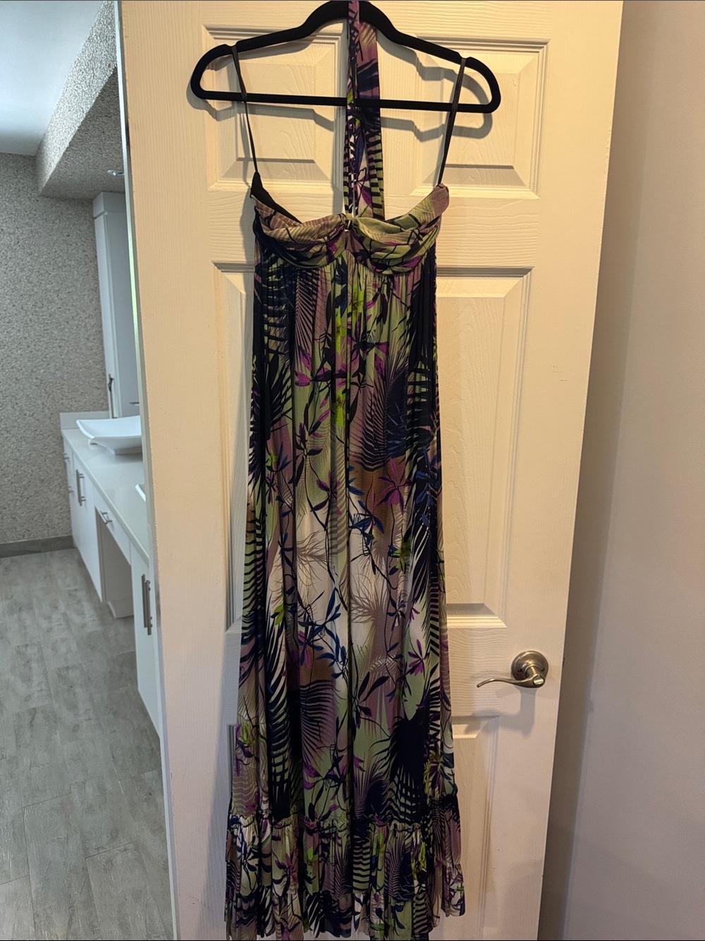 Caribbean Printed Halter Dress in Green, Purple & Navy